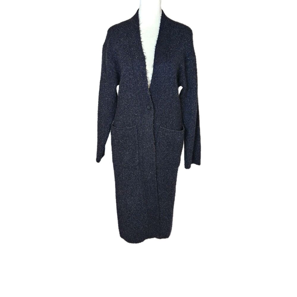 Uniqlo Navy Blue Tweed Knit Coatigan Longline Cardigan Sweater XS Dark Academia